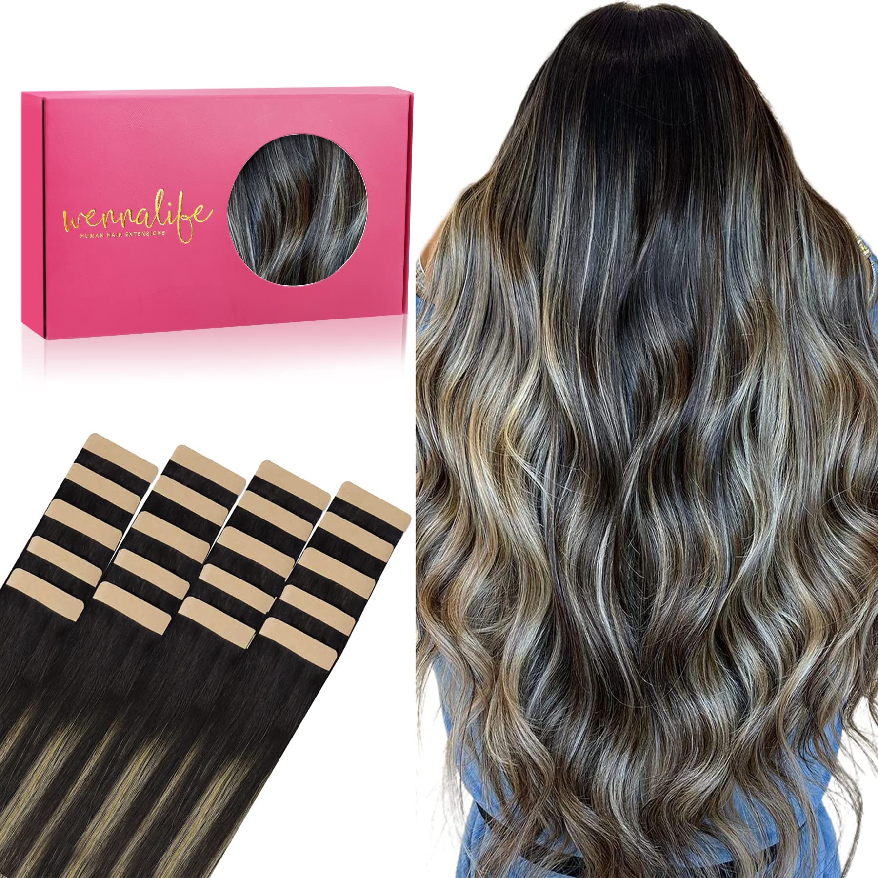 WENNALIFE Tape in Hair Extensions 20pcs 50g 24 Inch Natural Black to Light Blonde Remy Hair Extensions — image 1