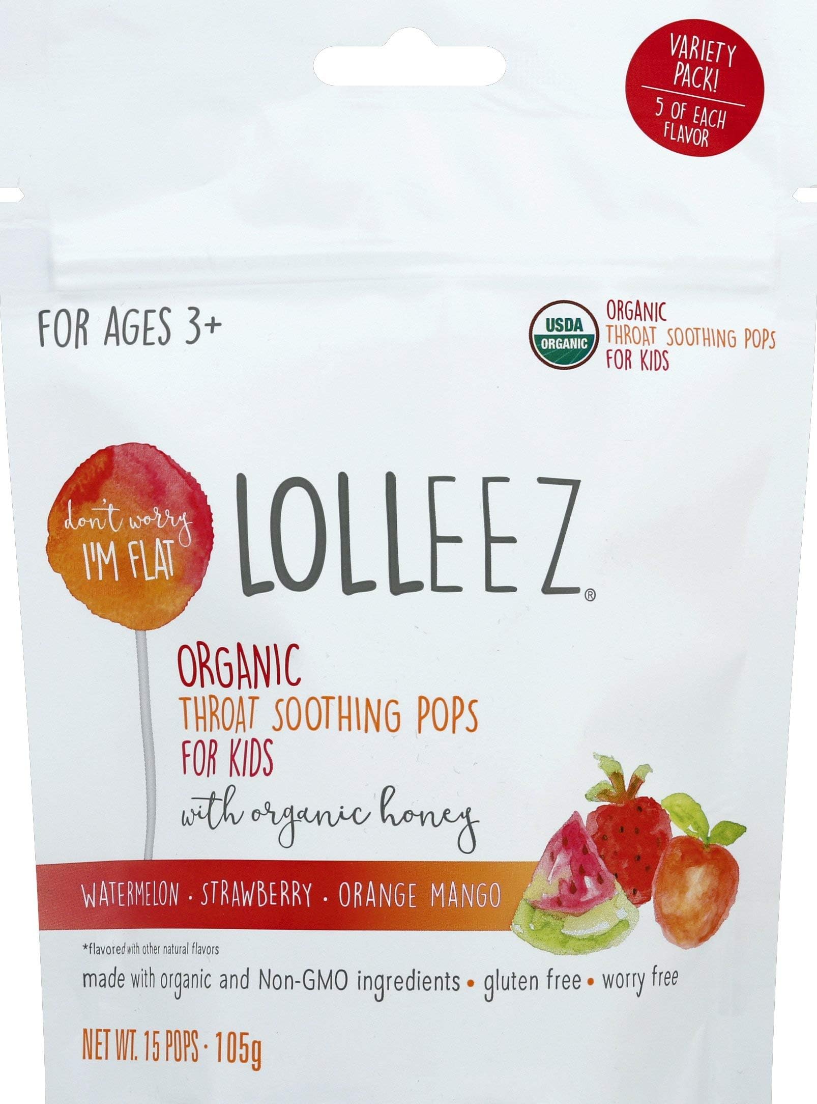 Lolleez Organic 2 Pack Throat Soothing Pops for Kids with Organic Honey, Multi Pack, 30 Count