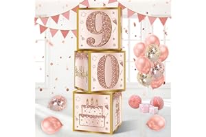 Guiruiy 3Pcs 90th Birthday Decorations Boxes for Women, Pink Rose Gold 90th Birthday Balloons Boxes Party Supplies, Pink Ninety Year Old Bday Theme Cardboard Box Decor