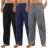 Wenouy 3 Pack Mens Cotton Pajama Pants, Lightweight Lounge Pj Bottoms for Men Soft Sleep Pants with Pockets & Drawstring