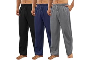 Wenouy 3 Pack Mens Cotton Pajama Pants, Lightweight Lounge Pj Bottoms for Men Soft Sleep Pants with Pockets & Drawstring