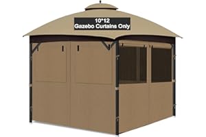 BSTGE Gazebo Privacy Curtain 10'x12', Replacement Curtains with Mosquito Net Windows, 4-Panels Side Wall, Zippers, Waterproof Outdoor Curtains for Patio, Canopy, Garden and Backyard, Khaki (Curtain Only)