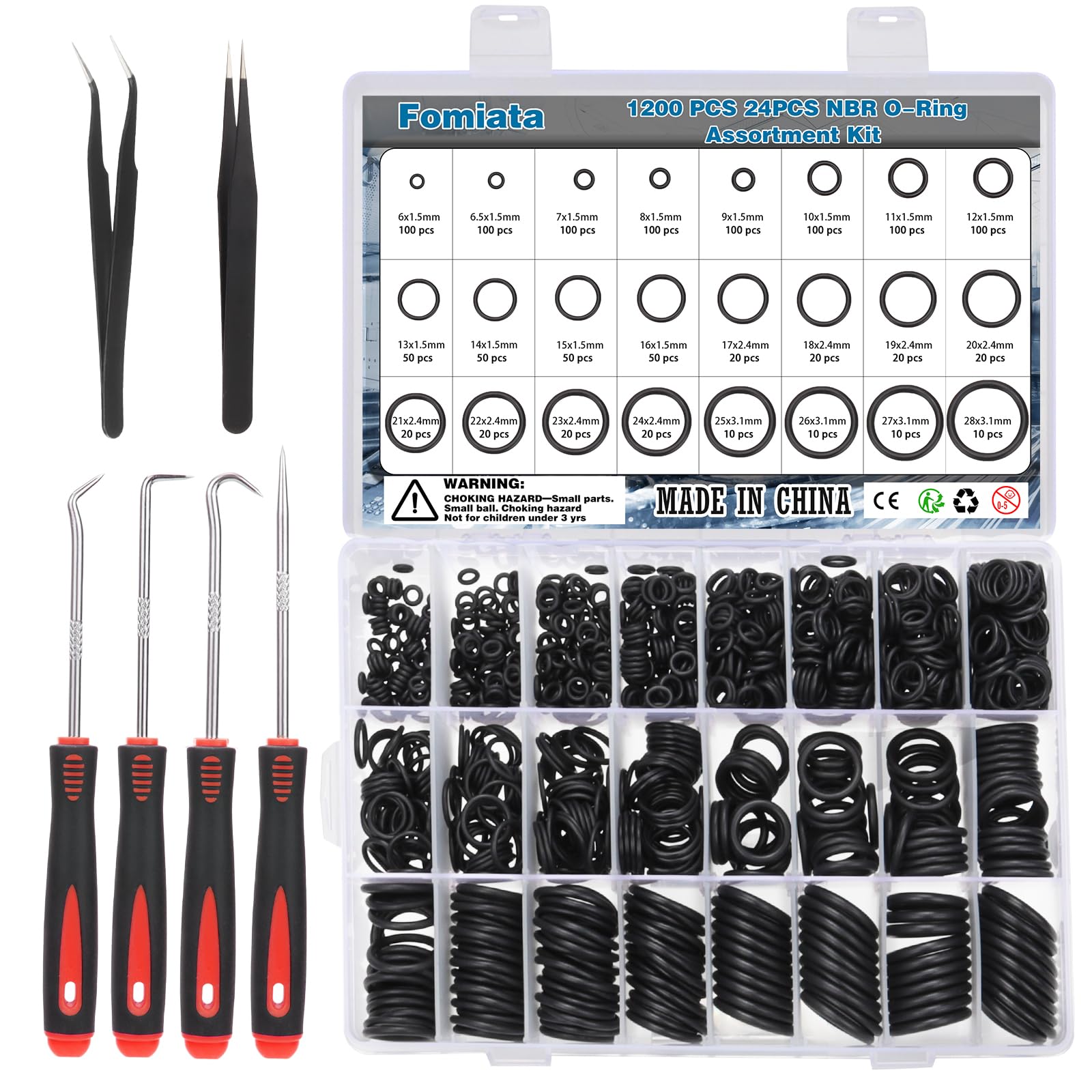 Fomiata 24 Size 1200 Pcs O Rings Assortment Kit, Metric Oring Kit - Universal Size from Ø6mm to Ø28mm Made of Nitrile Rubber Ideal for Shower Plumbers Hydraulic etc. (1200)