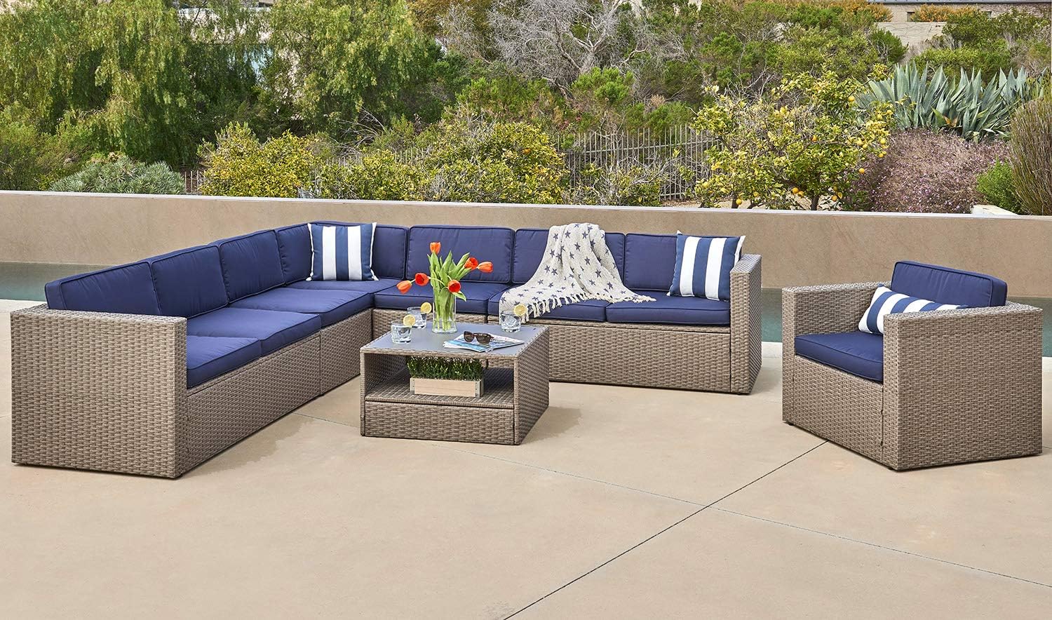 Amazon Com Solaura 7 Piece Outdoor Sectional Furniture Gray Wicker Conversation Sofa Set With Navy Blue Cushion Glass Coffee Table Kitchen Dining