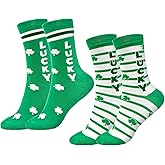 BleSky 2 Pairs St. Patrick's Day Socks Mens Women Shamrock Stripe Irish Crew Dress Novelty Socks Christmas Stocking Stuffer, White Elephant Birthday Gift