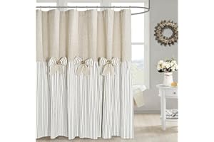 DOSLY IDÉES Linen Button Farmhouse Beige Shower Curtain,Bowknot,Linen and Cotton Woven Fabric,Pleated Gray Stripe,Country Style,72x72 in