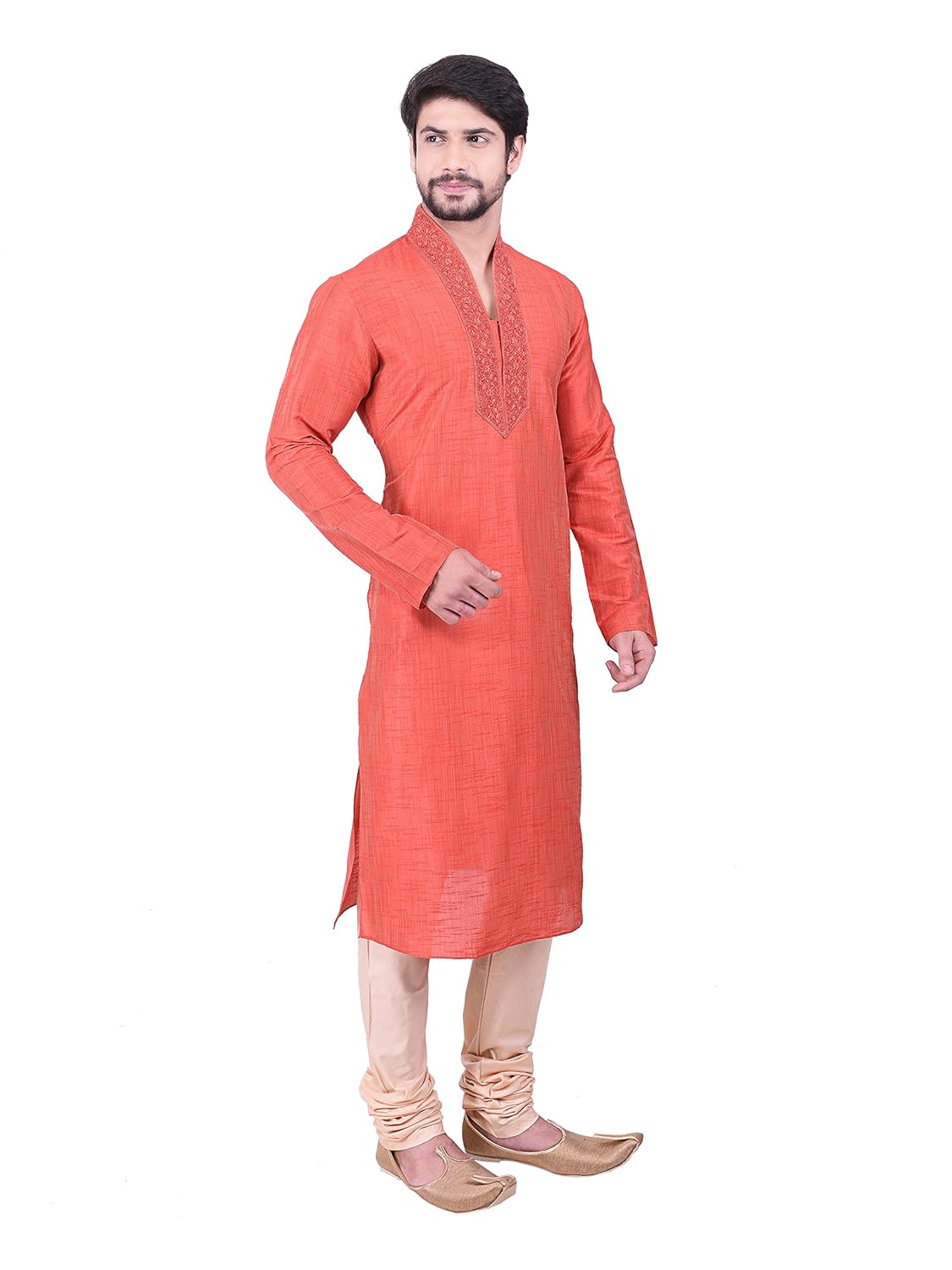 manyavar men's peach full sleeve designer kurta set