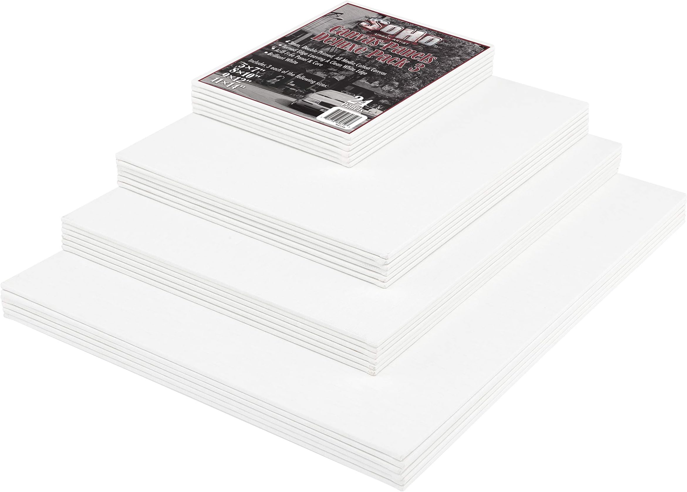 Soho Artist Canvas Panels Bulk Value Pack (24) Professional Quality Painting Art Boards - All Media Cotton Canvas, Acid-Free Double Primed -6 Each: 5x7 8x10 9x12 11x14 Inch- 24 Multi-Pack [#3]