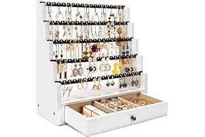 Pinzoveco Earring Organizer, 5 Layer Earring Holder Organizer with Necklace Holder Pole, Rustic Wood Jewelry Organizer Stand 