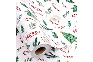 Flyhill Christmas Wrapping Paper Roll-17 Inch X 33 Feet-46.8sqft-White Gift Wrap with Christmas Trees,Pine Tree Leaf and Merry Letters Design for Party,Birthday,Holiday