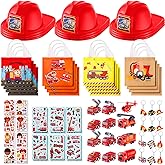 Funtery 96 Pcs Fireman Party Supplies Firetruck Party Supplies 12 Firefighter Helmets 12 Firetruck Gift Bags 12 Mini Fire Truck Toys 12 Stickers 12 Slap Bracelets 12 Keychains 24 Face DIY Sticker