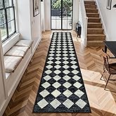 Lahome Checkered Washable 2x12 Runners for Hallways Non Slip, Black Kitchen Bathroom Runner Rugs, Modern Trellis Ultra-Thin Indoor Carpet Runner for Bedroom Dorm Classroom Decor (2'x12',Black)