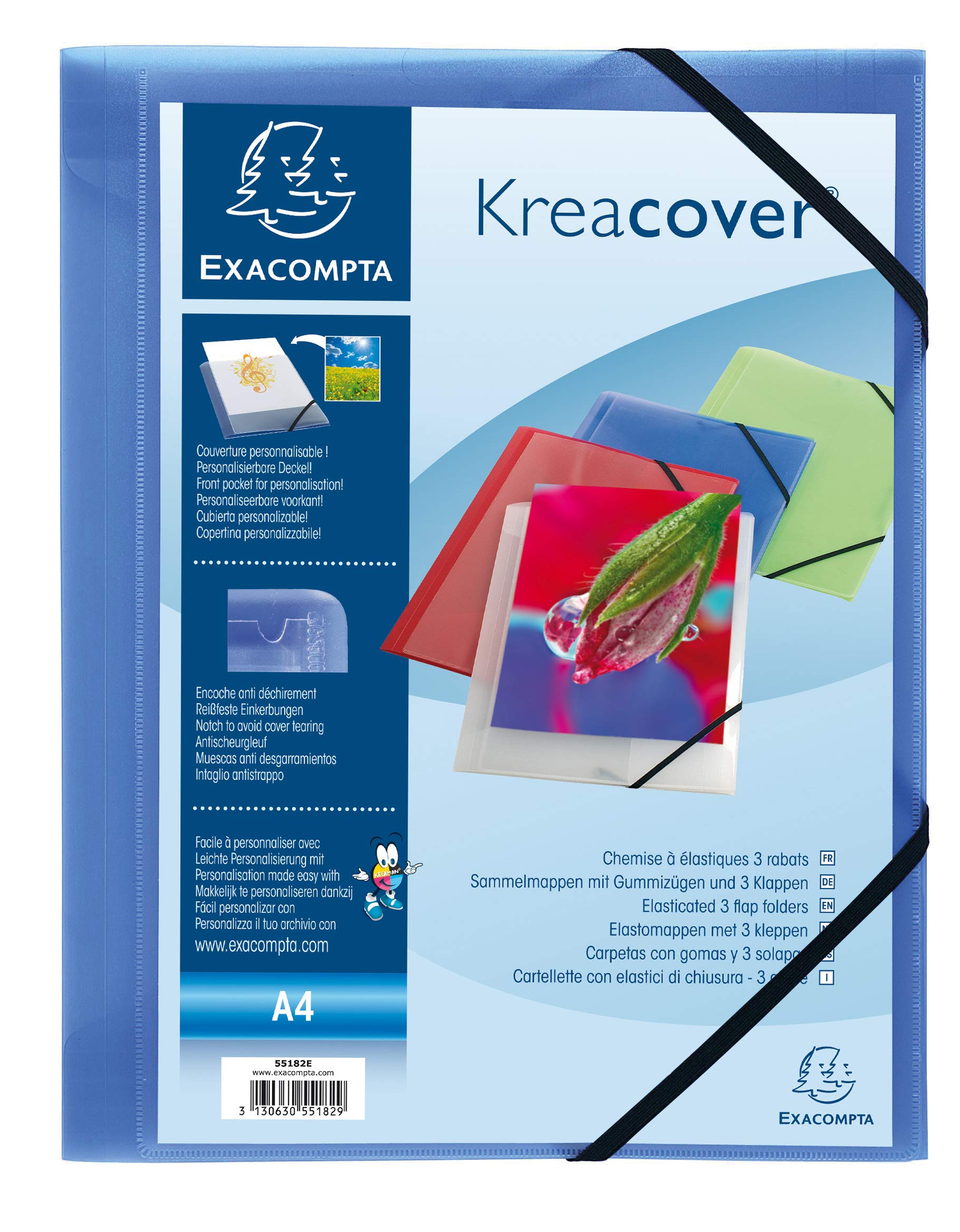 Exacompta - Ref. 55182E - Pack of 5 Kreacover elastic folders - pockets with 3 flaps - in translucent polypropylene - dimensions 24 x 32 cm for A4 format documents - blue color