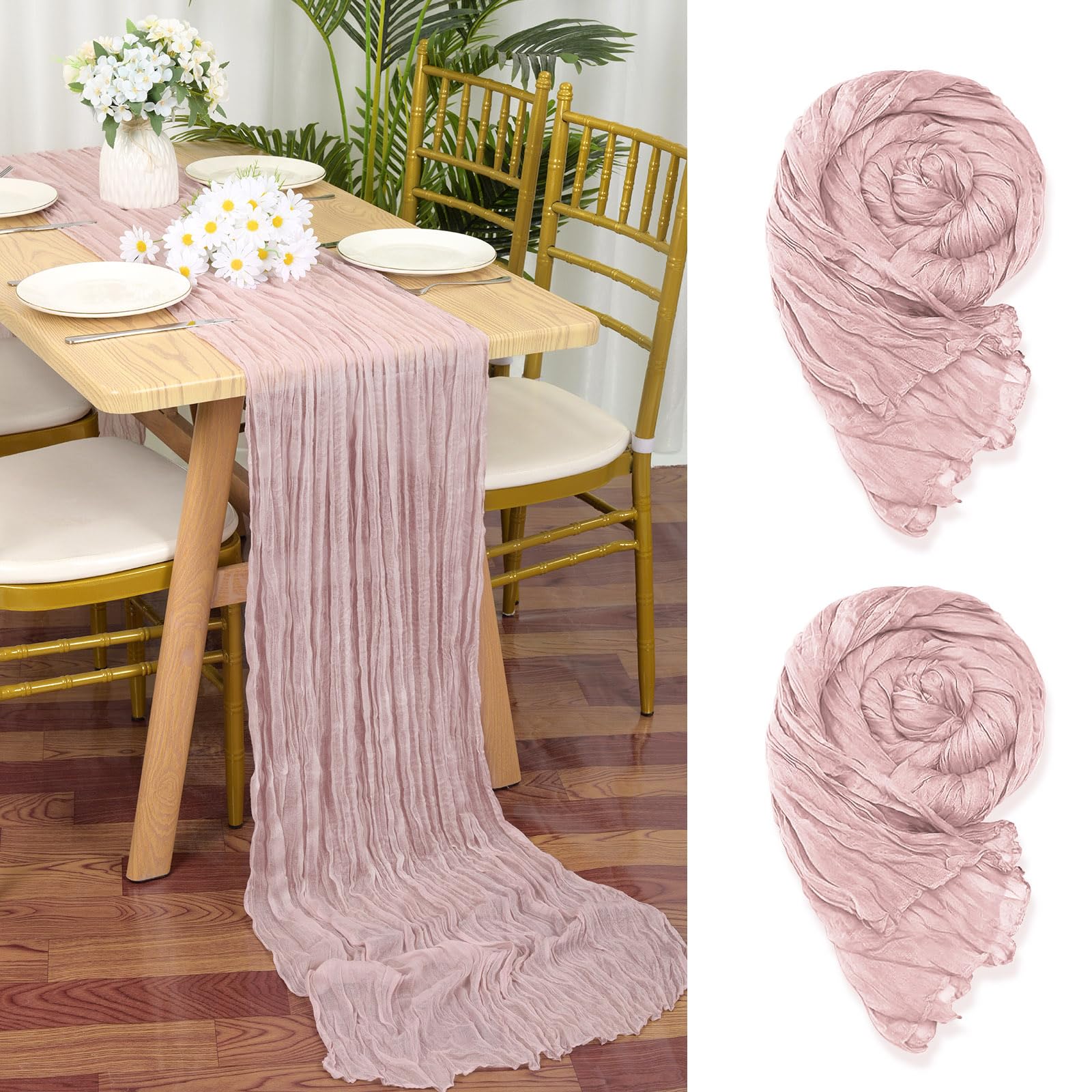 YMHPRIDE 2 Packs Cheesecloth Table Runner Dusty Pink, 90x300cm Pink Rustic Gauze Fabric Boho Table Runner, Cheesecloth Wedding Table Decor for Wedding Party Bridal Shower Table Decorations