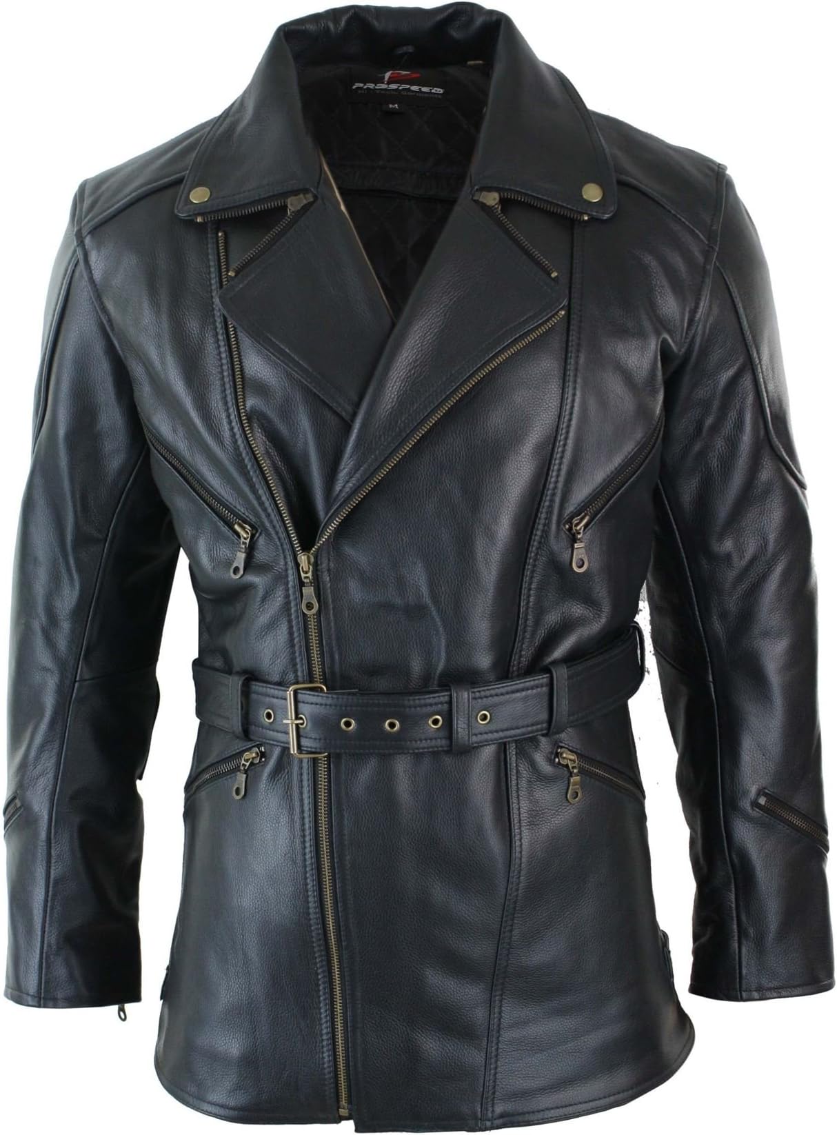 ProSpeed Mens Cross Zip Belted Black 3/4 Motorcycle Biker Long Leather Jacket CE Armour Black(no-Armour) s