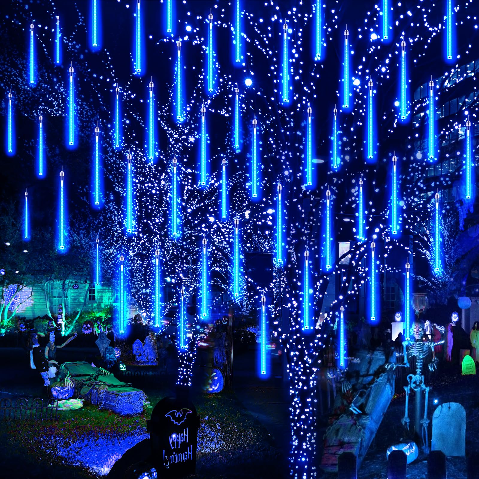 PEMOTech Meteor Shower Lights Outdoor (27.7ft), 8 Tubes 12" 288 LED Halloween Christmas String Lights for Christmas Decoration, Christmas Lights Indoor Outdoor for Party Festival — image 1