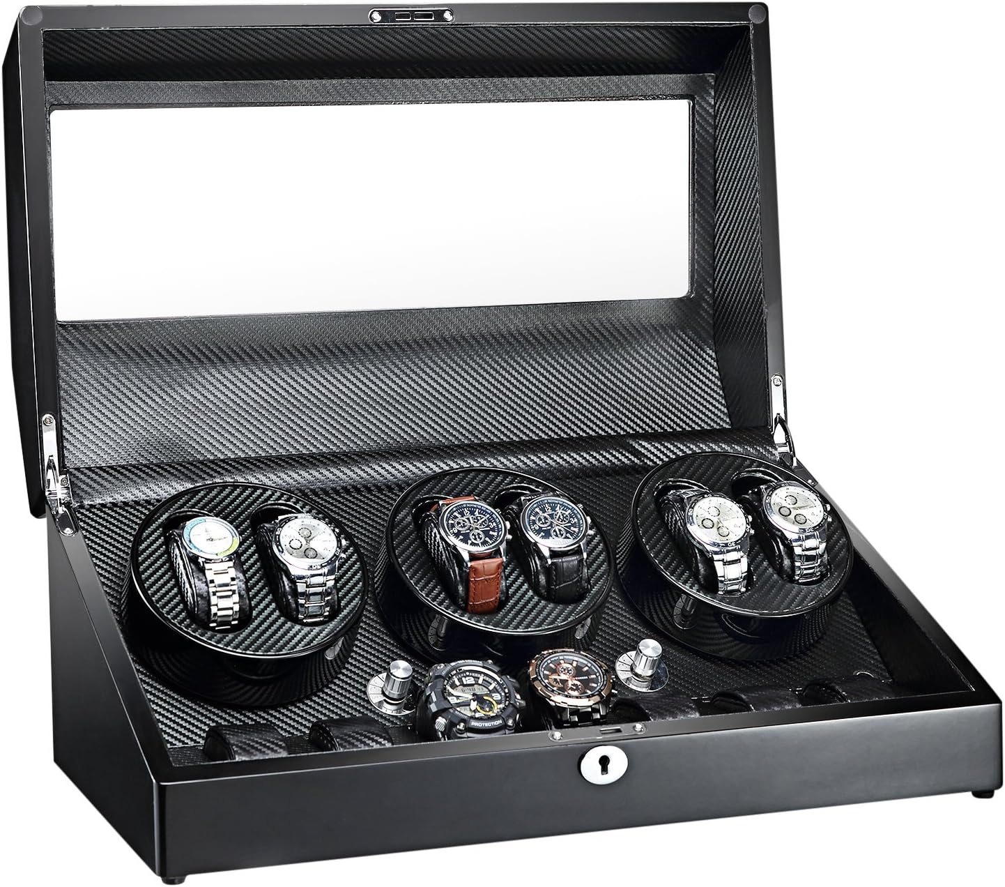 Automatic Watch Winder 6+7 Storage Boxes for 13 Watches with Quiet Mabuchi Motors Wood Shell Piano Paint Exterior Soft Flexible Watch Pillows