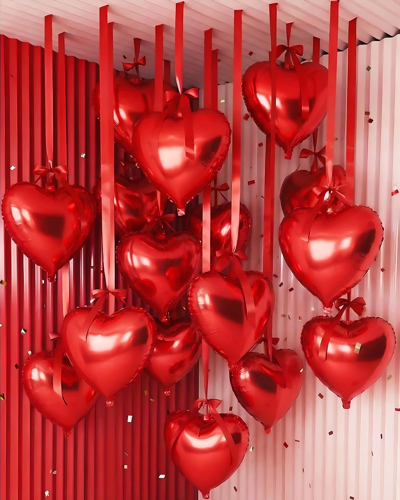 Photo 1 of Jenaai 30 Sets Valentine Heart Foil Balloons Bulk, 30 18" Heart Balloons, 30 Satin Bows for Balloon and 2 Pcs Ribbons, Love Foil Balloon for Valentine Party Supplies Wedding Bridal(Red)