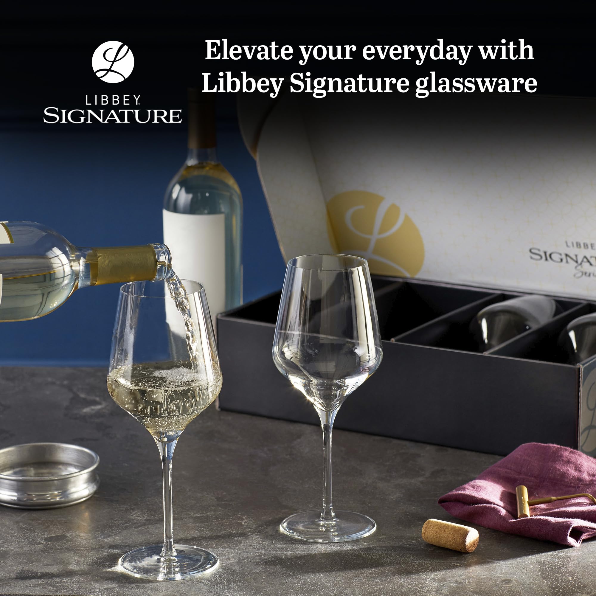 Libbey Signature Greenwich All Purpose Wine Glasses, 16 Oz Angular Wine Glass Set of 4 with Pulled Stem, Stemware Glasses for Cocktails and More