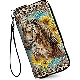 RAUEDWDJS Women's Wallets,Credit Card Holder Money Leather Long Wallet with Wristlet,Large Capacity with Zip-Around Phone Purse for Women Ladies Girls,Horse Leopard Print Sunflower