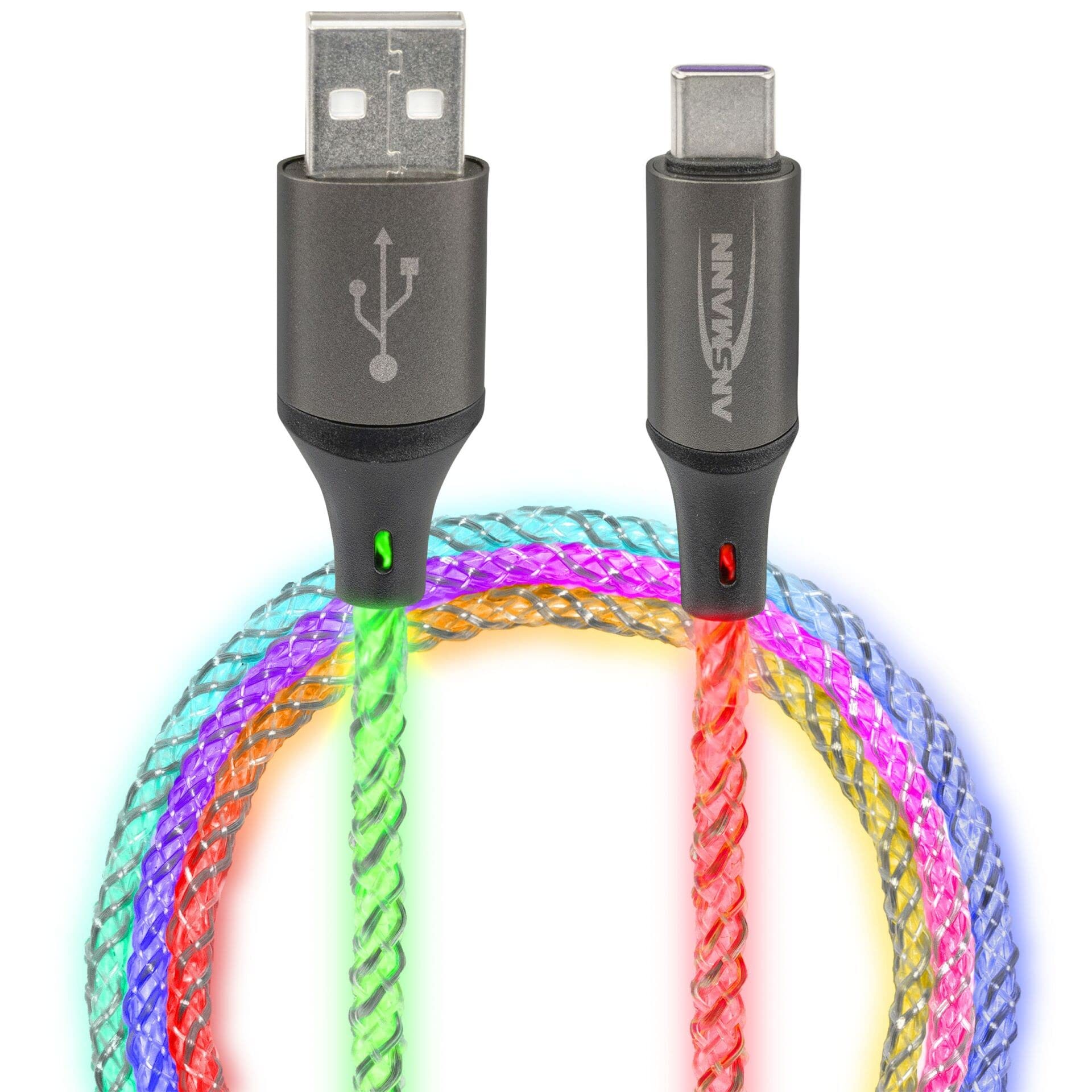 Ansmann Charging Cable 100 cm USB-A to USB Type C with Cool, Pulsating LED Light/Quiet Colour Changing, No Disturbing Flashing/Real Eye-catching for Gamers, Car Interior, Bedroom