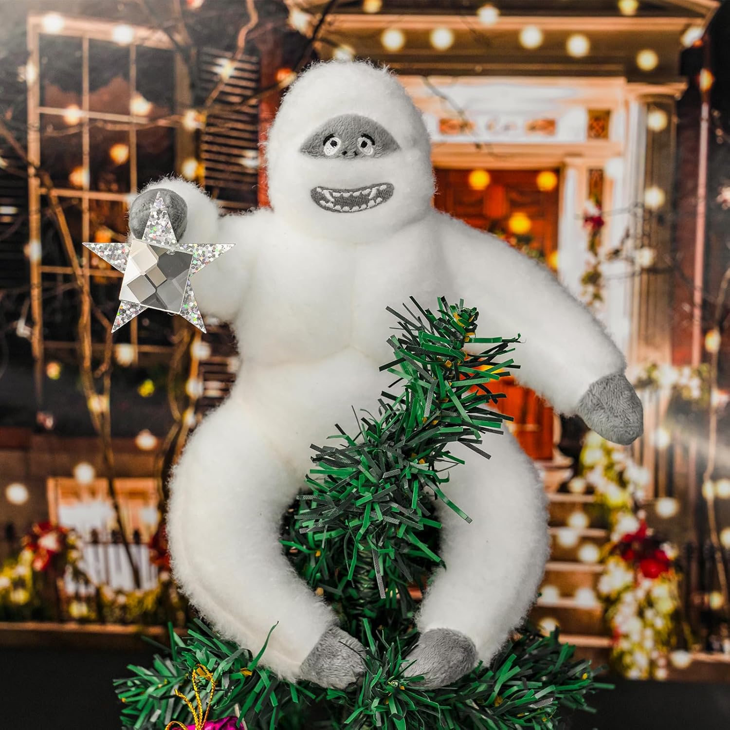 Tree Toppers - Christmas Tree Topper Abominable Snow Monster Handmade Abominable Chimpanzees Hugger with Star Plush Xmas Tree Ornament Christmas Ornament (White-A)