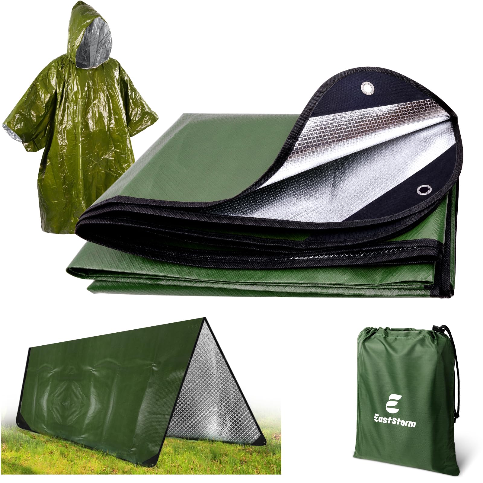 E EASTSTORM 7×5ft Heavy Emergency Blanket with Rain Poncho,Thickened Bivvy Bag Survival Rescue Blanket Reusable,Tarpaulin Waterproof Reflective Tarp Three layers of Protection for Outdoor Camping — image 1