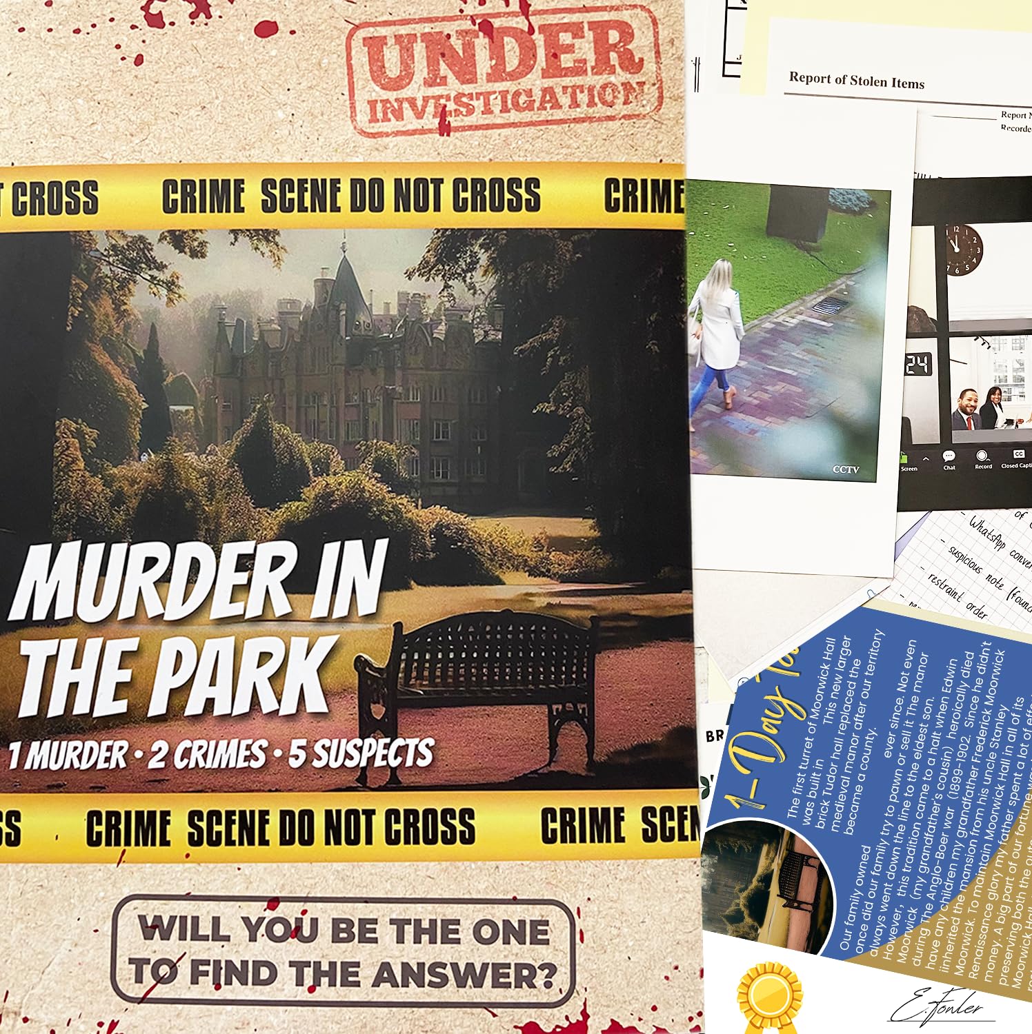 cardly DETECTIVE GAME UNSOLVED MYSTERY MURDER - COLD CASE FILES INVESTIGATION DETECTIVE CLUES/EVIDENCE - SOLVE THE CRIME - FOR INDIVIDUALS, DATE NIGHTS & PARTY GROUPS - MURDER IN THE PARK — image 1