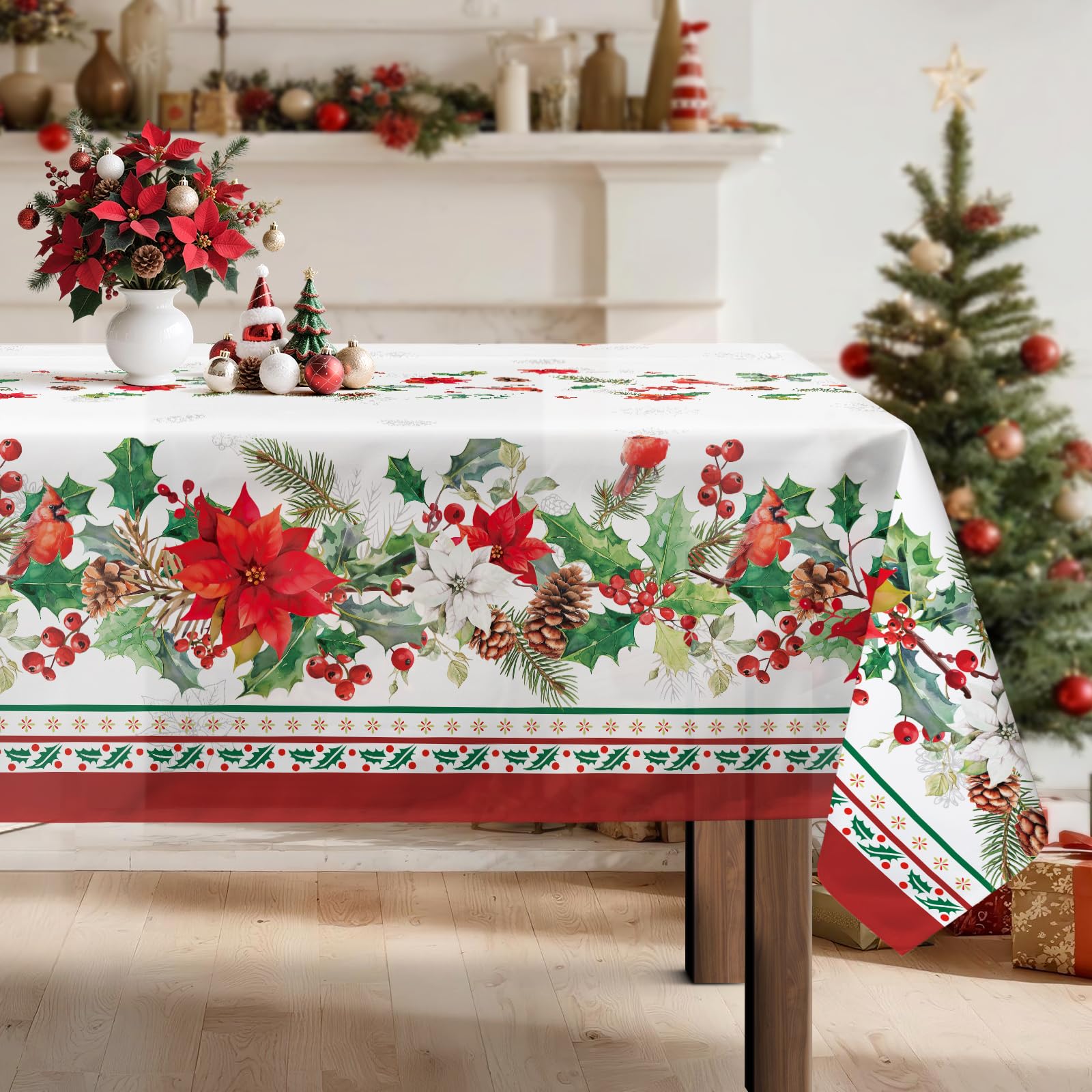Arquiel Christmas Flowers Tablecloth Waterproof, Red Cardinal Pine Table Cloth Rectangle Stain Resistant, Washable Table Cover for Home Kitchen Dining Party Decoration (152 * 213cm)