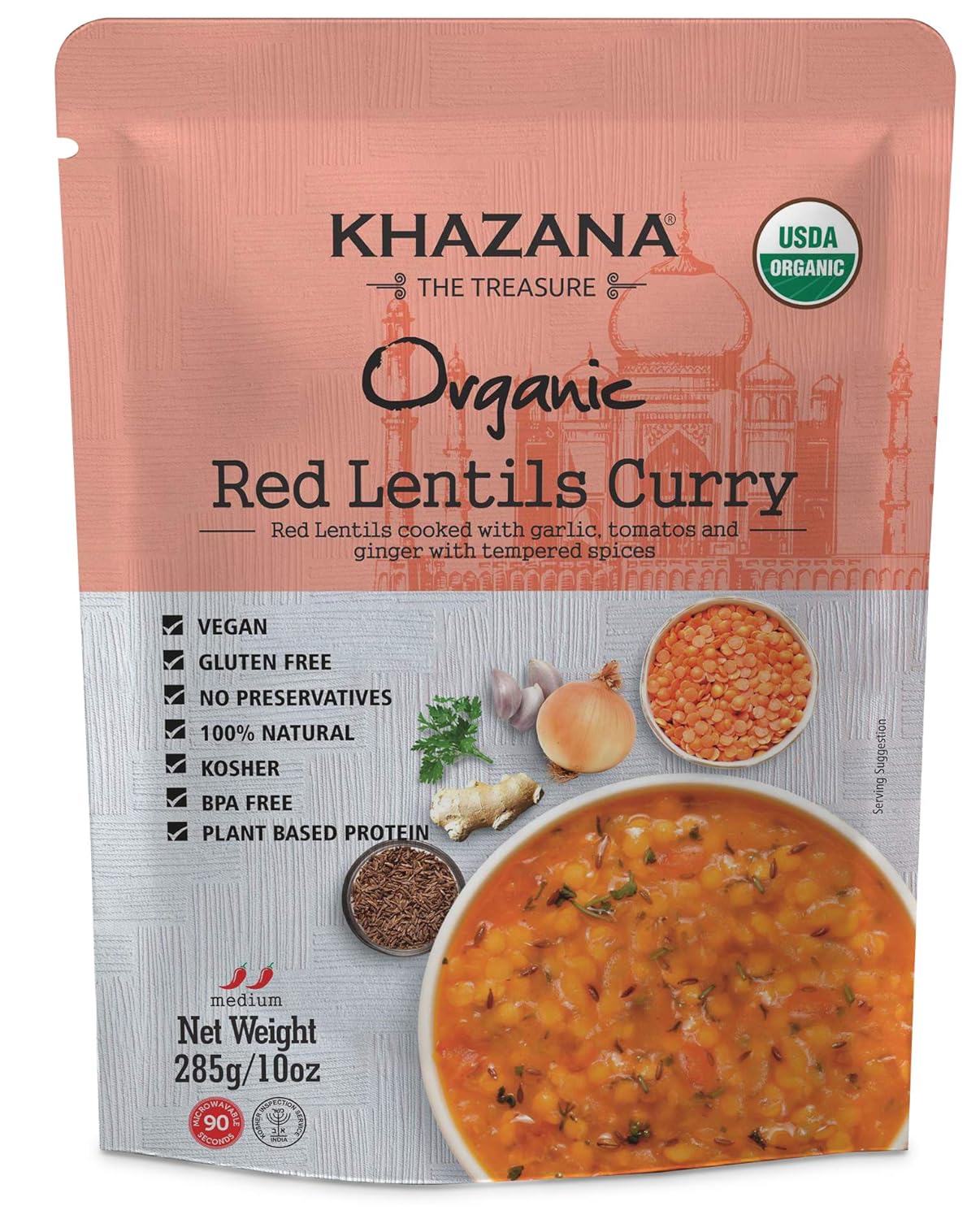 Khazana ORGANIC Ready to Eat Indian Meals (6-Pack) - Red Lentil Curry - 10oz Pouches | Non-GMO, Vegan, Gluten Free & Kosher | Authentic Cuisine in 90 Seconds!