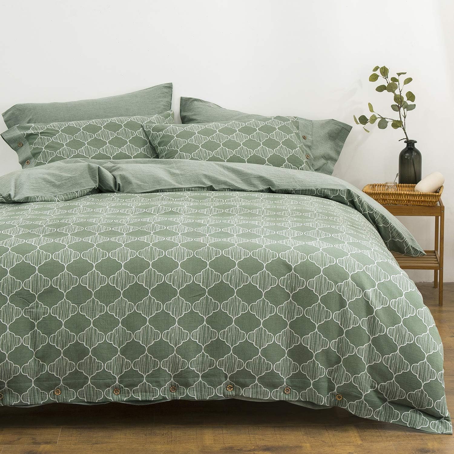 OREISE Duvet Cover Set Queen Size Washed Cotton Yarn, Jacquard Green and White Lantern Pattern 3Piece Bedding Set