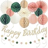 Pink Sage Green Happy Birthday Decorations, Pre-Strung Happy Birthday Banner with Honeycomb Balls, Paper Flowers, Lanterns, Hanging Swirls, Circle Dots Garland for Birthdays Party Decorations 24pcs