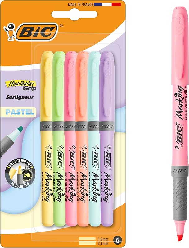 Marcadores de ponta de cinzel ajustável pastel grip bic - cores sortidas, pacote com 6 marcadores pastel, ideal para material escolar e de escritório