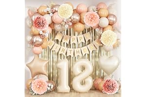 KAINSY Beige 18th Birthday Decorations Girls Boys Cream Number 18 Balloon Nude Gold Happy Birthday Banner Fringe Curtain Paper Pom Poms Blush White Sand Champagne Star Foil Balloons Neutral Boho Party Decor
