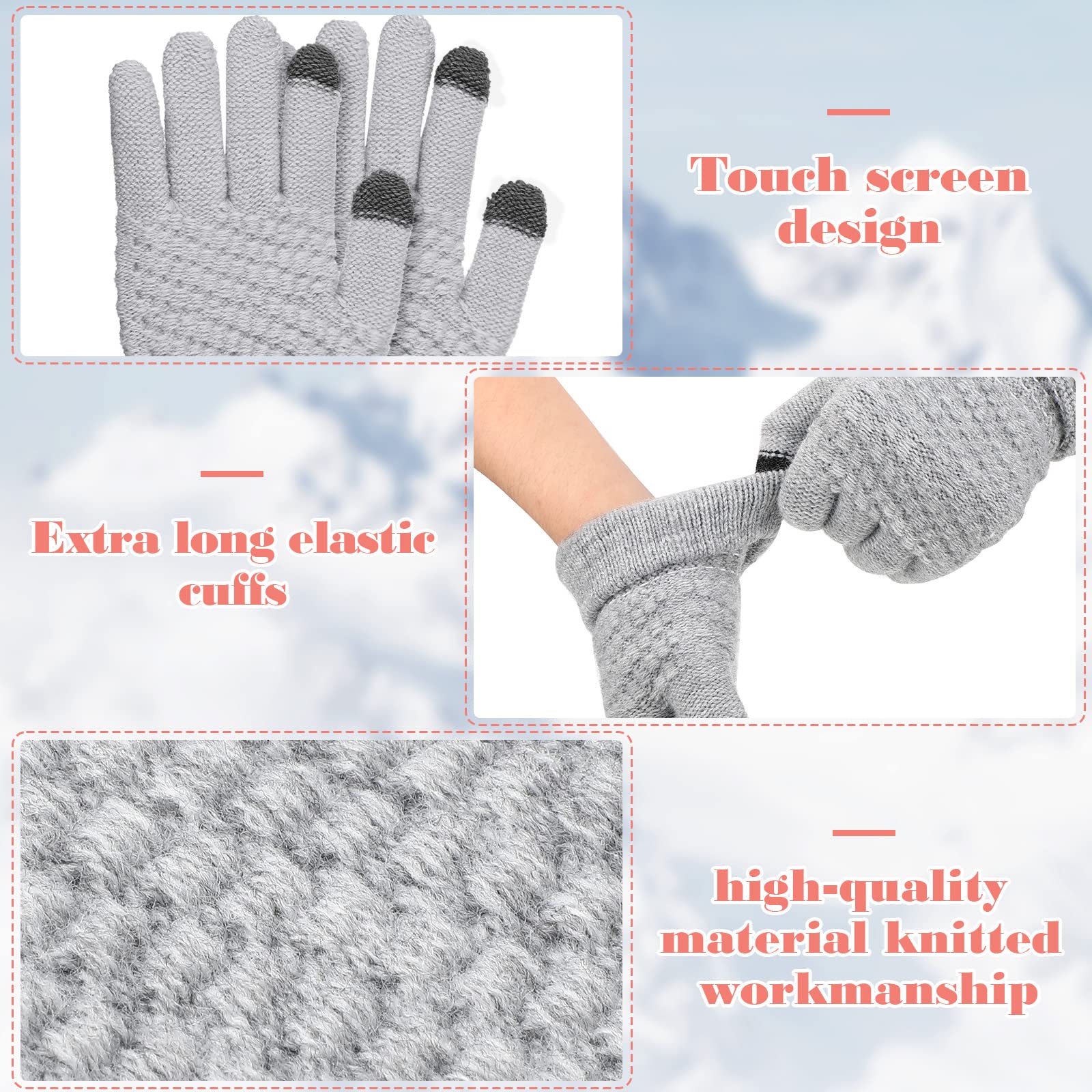 4 Pairs Kids Winter Touchscreen Gloves Warm Fleece Lined Child Knit Gloves Elastic Cuff Winter Texting for Girls Boys