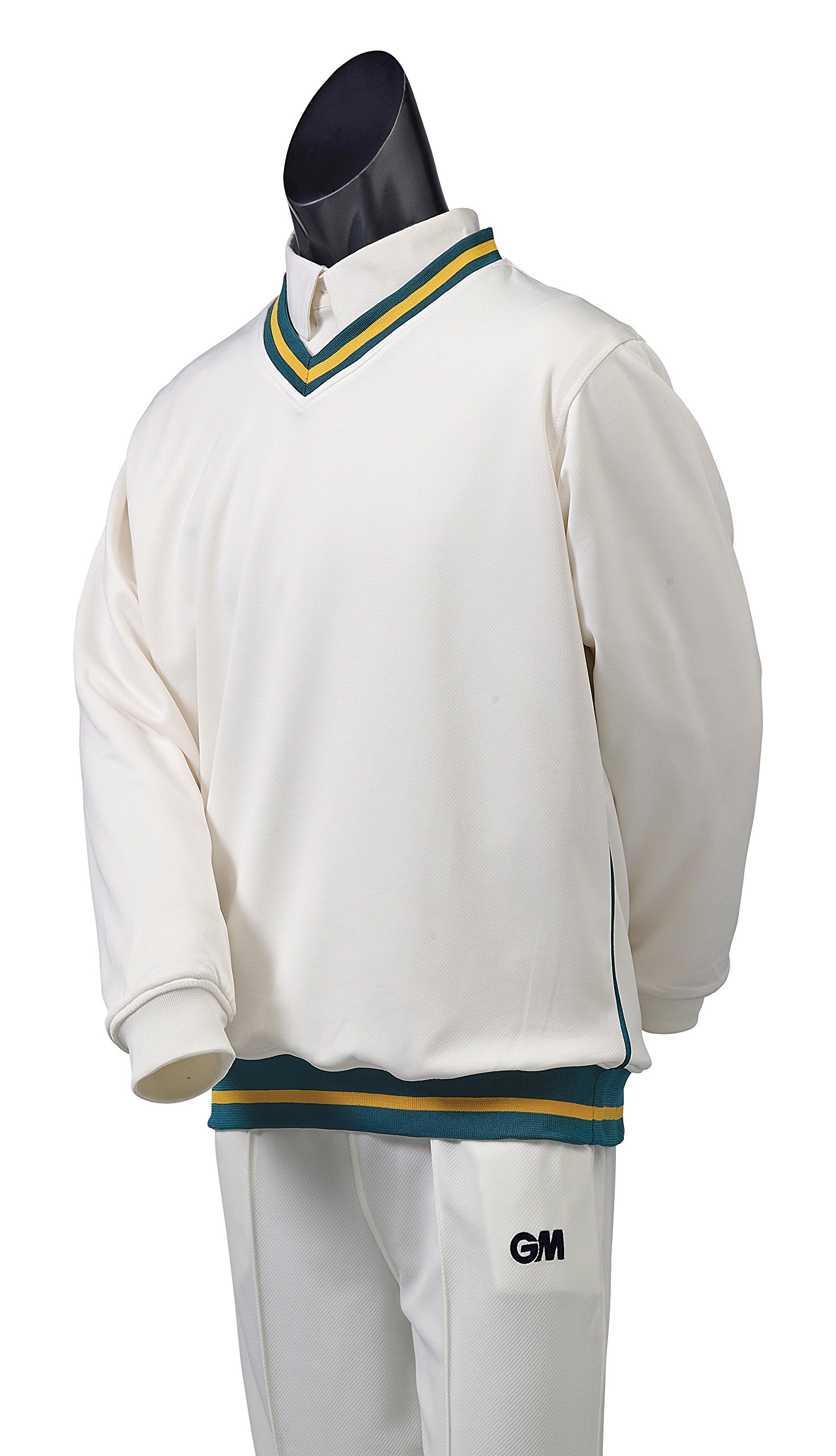 Gunn & Moore GM | Cricket Sweater Pullover | Teknik - Shell Fabric with Fleece Lining | Long Sleeve | Off White with Green & Gold Trimmed Collar & Hem | Small Junior to fit chest 27"