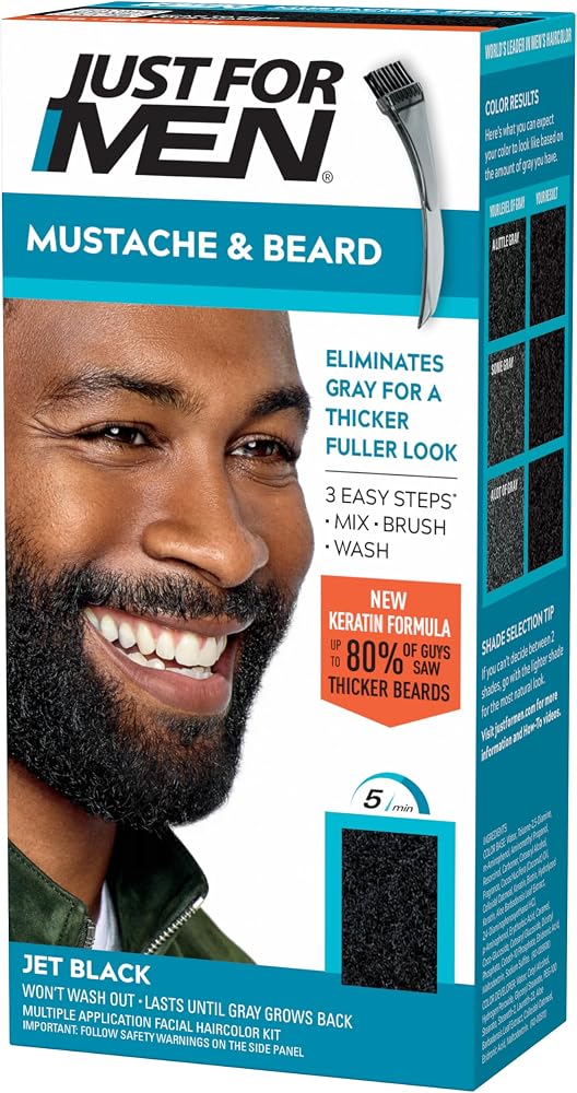 JUST FOR MEN Mustache & Beard Dye, Keratin, Black M-60 (1 Pack) | Mustache & Beard color black designed for facial hair to in