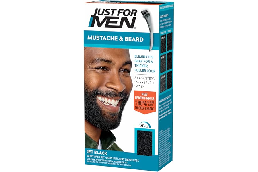 Just For Men Mustache & Beard, Beard Coloring for Gray Hair with Brush, With Keratin Biotin Aloe and Coconut Oil for Healthy Facial Hair – Jet Black, M-60, Pack of 1 (Packaging May Vary)
