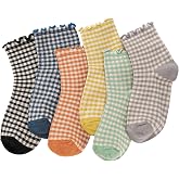 GGSTDDUP Women Ruffle Striped Frilly Socks | Cute Checkered Ankle Sock for Women, Cotton Knit Casual Crew Socks 6/10/12Pairs