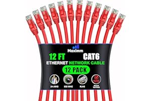 Maximm Cat 6 Ethernet Cable 12 ft (12-Pack) - High-Speed LAN Cable, Internet Cable, Patch Cable, and Network Cable - UTP, 10G