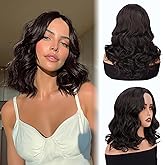 Sidaila Small Lace Front Wig Middle Part Wavy Yaki Synthetic Wig Heat Resistant Fiber 14 Inch Shoulder Length Bob Style Wig Layered Curly Hair Wigs for Women for Daily Party Use — Black Brown