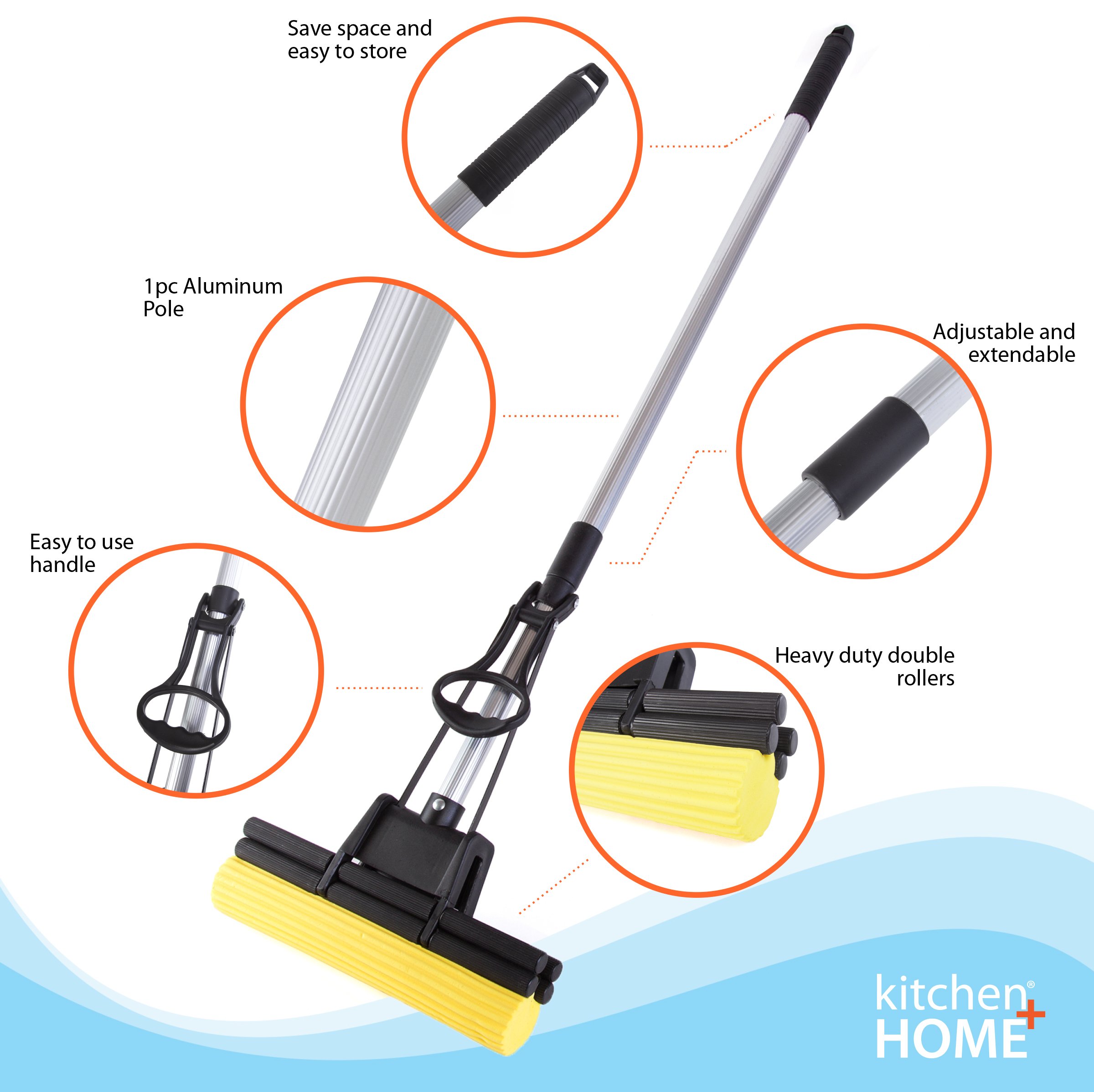 Kitchen + Home Absorbent PVA Double Roller Sponge Foam Mop with Extendable Handle