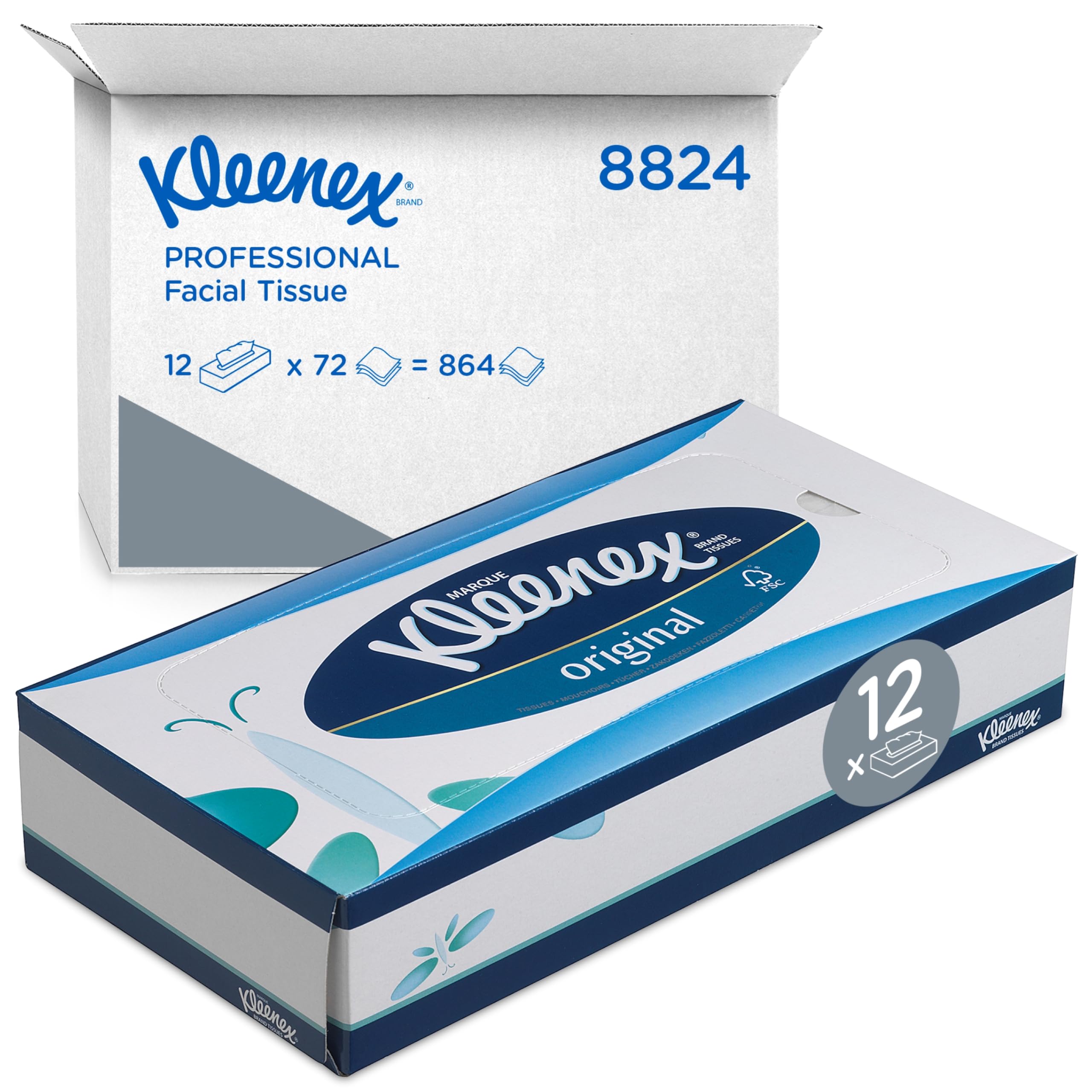 Kleenex Facial Tissue Box, 3-Ply White Tissues, Soft, Strong & Absorbent, Fragrance-Free, FSC Certified, for Office & Home Use, 12 Boxes x 72 Sheets (864 Tissues Total), Model nr. 8824