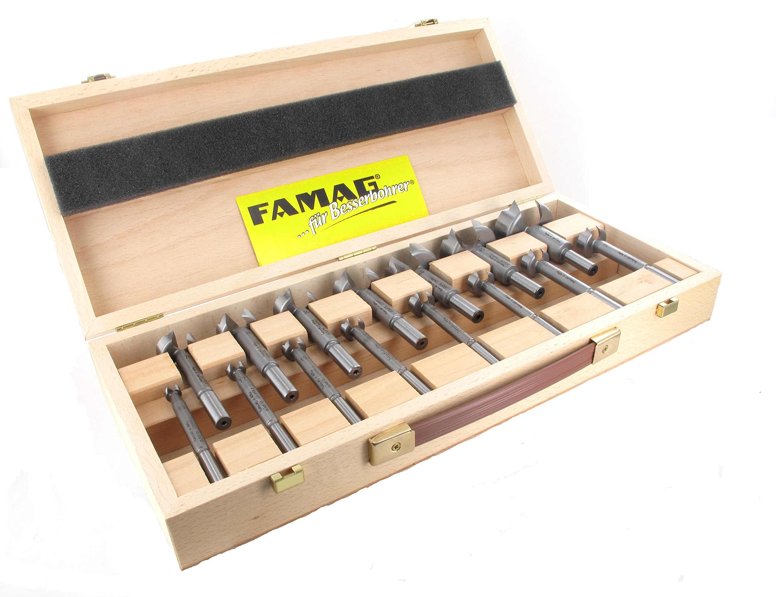 15-piece Famag super forstner drill bit set, classic WS with diameter = 10, 12, 15, 16, 18, 20, 22, 25, 26, 28, 30, 35, 40, 45, 50 mm in wooden box