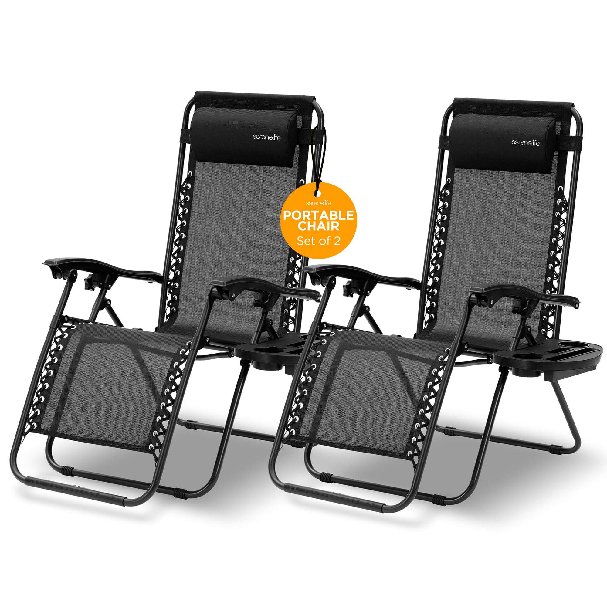 Photo 1 of SereneLife Zero Gravity Outdoor Lounge Chairs 2 Pack – Folding Recliners with Side Table, Cup Holder & Padded Headrest – Adjustable Patio Chairs for Lawn, Garden, Deck, Camping (Black)