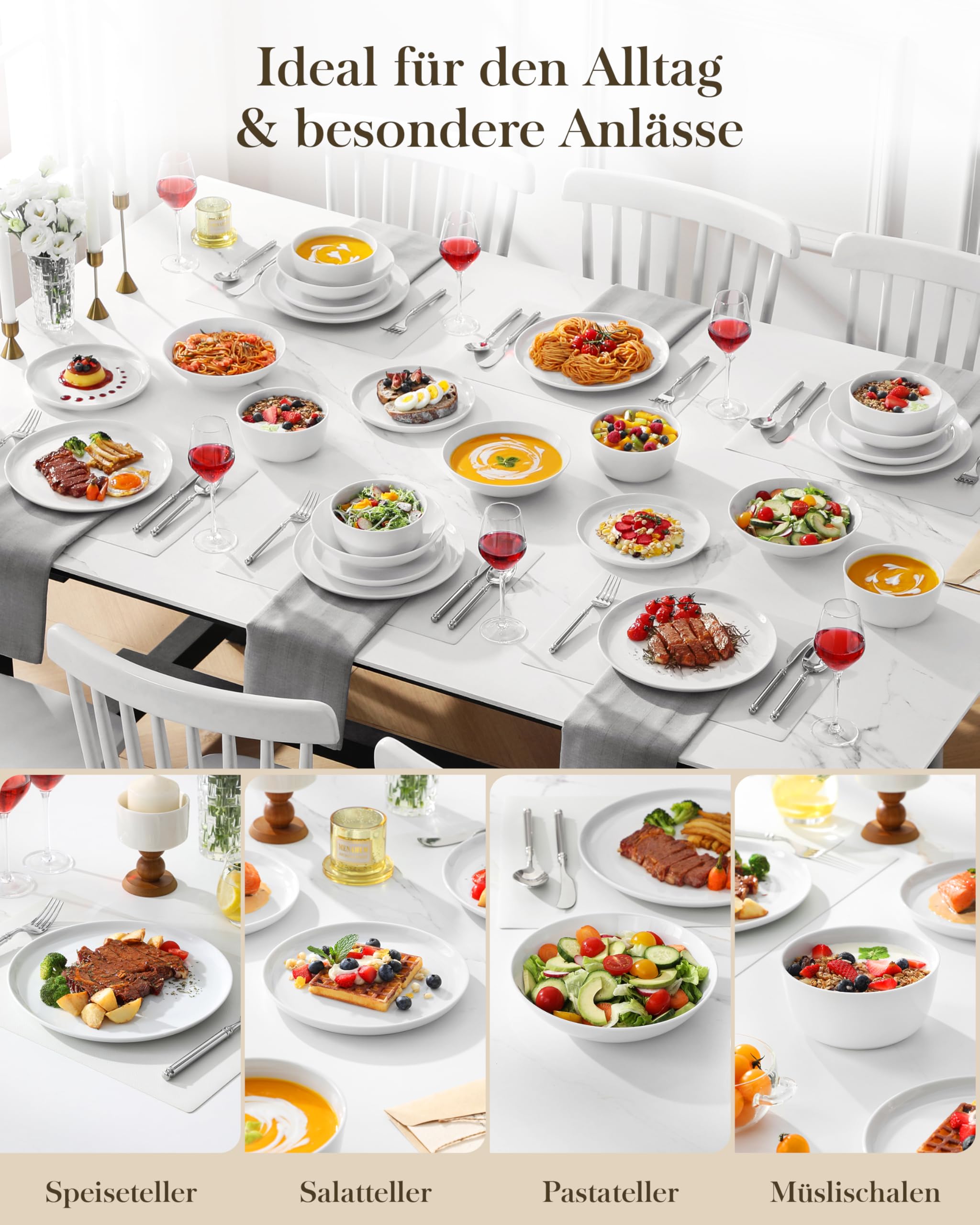 MALACASA Geschirrset 24-teilig, Porzellan Schüssel und Teller Set, Tafelservice 6 Personen, Weiße Speiseteller & Schalen, Rundes Essgeschirr Set, Spülmaschinen- & Mikrowellengeeignet, Serie LEXI 5