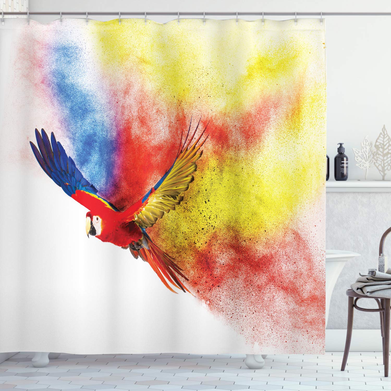 ABAKUHAUS Parrot Shower Curtain, Flying Parrot Colorful Storm Cloud on the Back Feathers Fantasy Illustration Print, Cloth Fabric Bathroom Decor Set with Hooks, 78 Inches, Multicolor