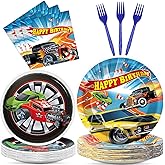 200Pcs Racing Car Birthday Party Decorations Hot Car Tableware Dinnerware Set - Disposable Paper Dessert Cake Plates Napkins for Kids Boys Themed Party Supplies Favors Serves 50