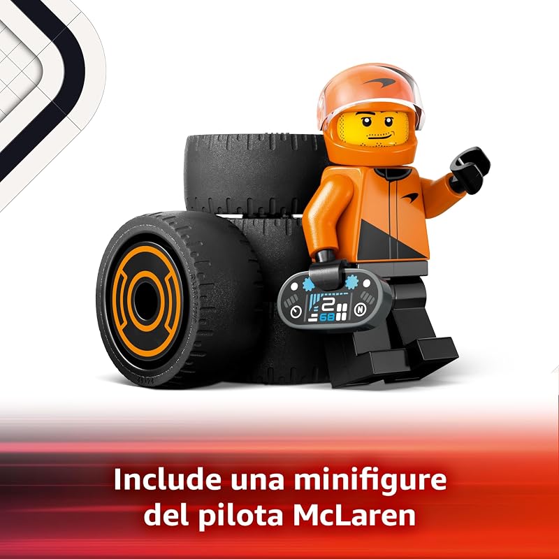 City Pilota e Monoposto McLaren F1 - Modello di Macchina Giocattolo da Formula 1 con Minifigure - Idea Regalo per Bambini e Bambine da 6 Anni in su o per Adulti Fan delle Auto da Corsa - 60442