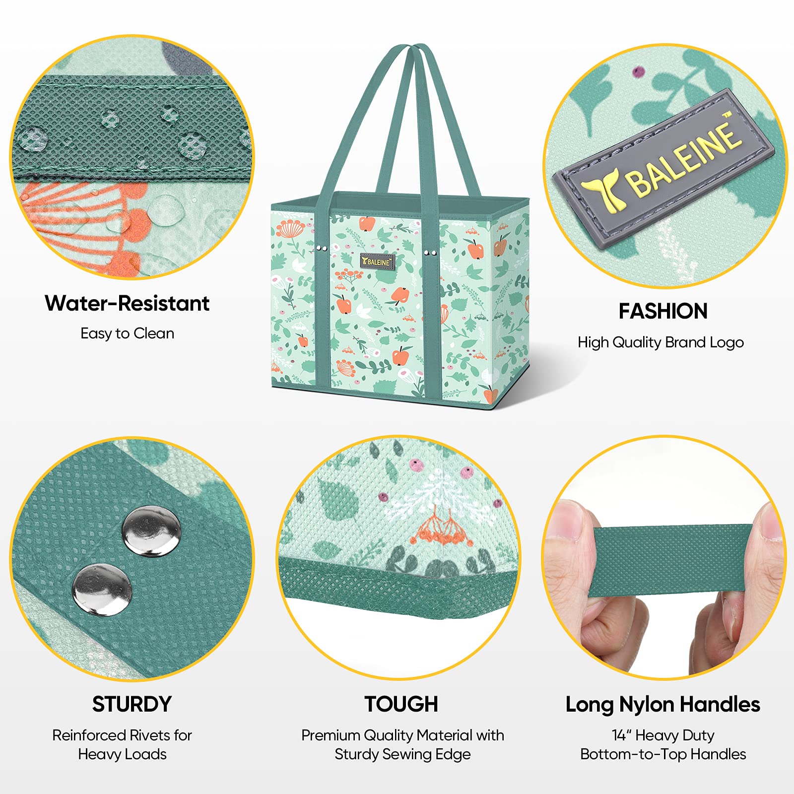 BALEINE 3Pk Reusable Grocery Bags, Foldable Shopping Bags for Groceries with Reinforced Bottom & Handles (Spring Stroll)